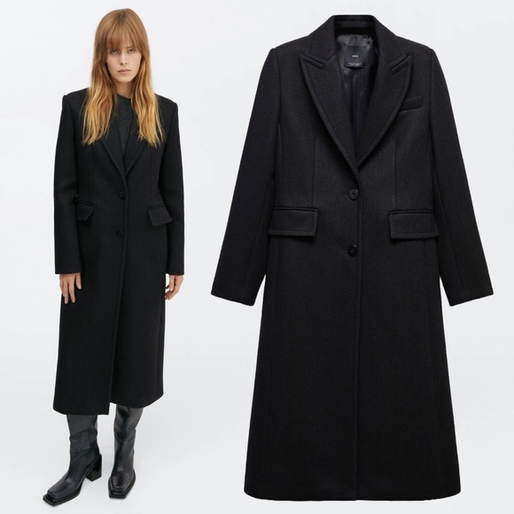 MANGO Tailored Wool Coat with Embossed Lapels in Black Size M Medium - Picture 1 of 4